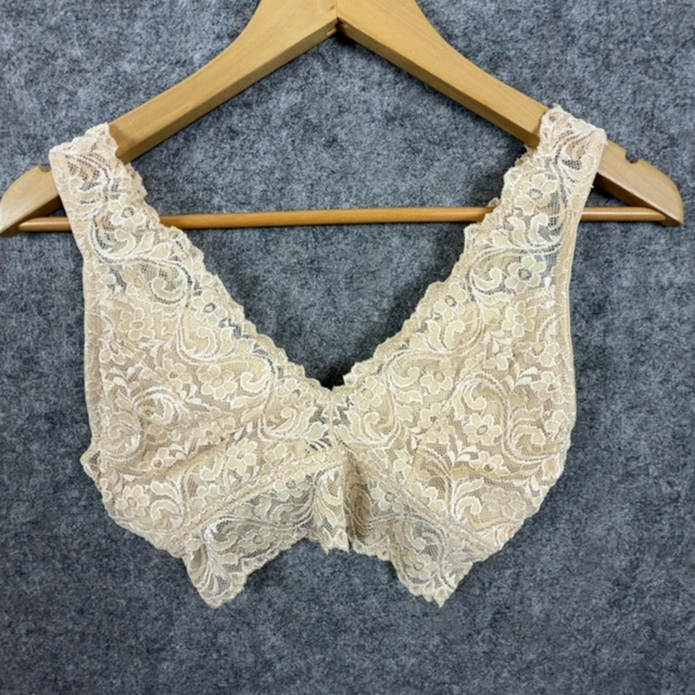 Smart & Sexy Signature Lace Deep V Bralette Bra Womens M Beige Stretch Wireless